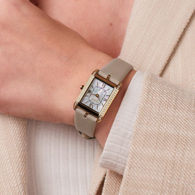 &quot;Memoire&quot;, elegante Uhr mit Perlmutt-Zifferblatt und grauem Armband, im luxuriösen und anspruchsvollen Stil.